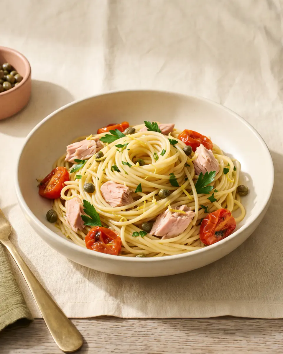 Tuna and Caper Pasta — the finished dish