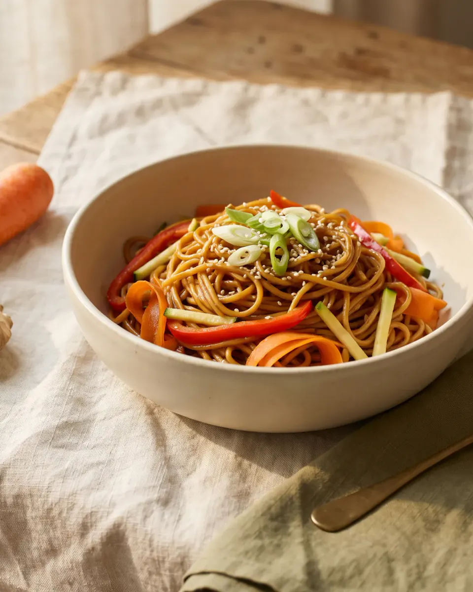 Gebratene Nudeln mit Gemüse aus dem Wok – das fertige Gericht