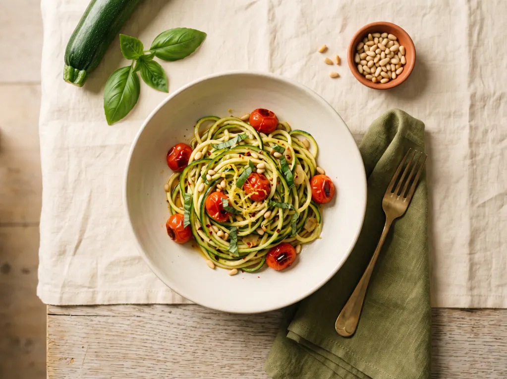 Zucchininudeln mit Kirschtomaten – das fertige Gericht